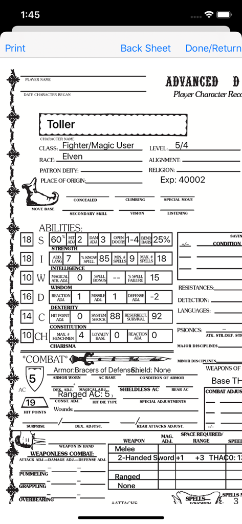 Character Gen for 1st Ed DnD - A detailed digital character sheet for Advanced Dungeons and Dragons first edition showing stats for an Elven Fighter and Magic User.