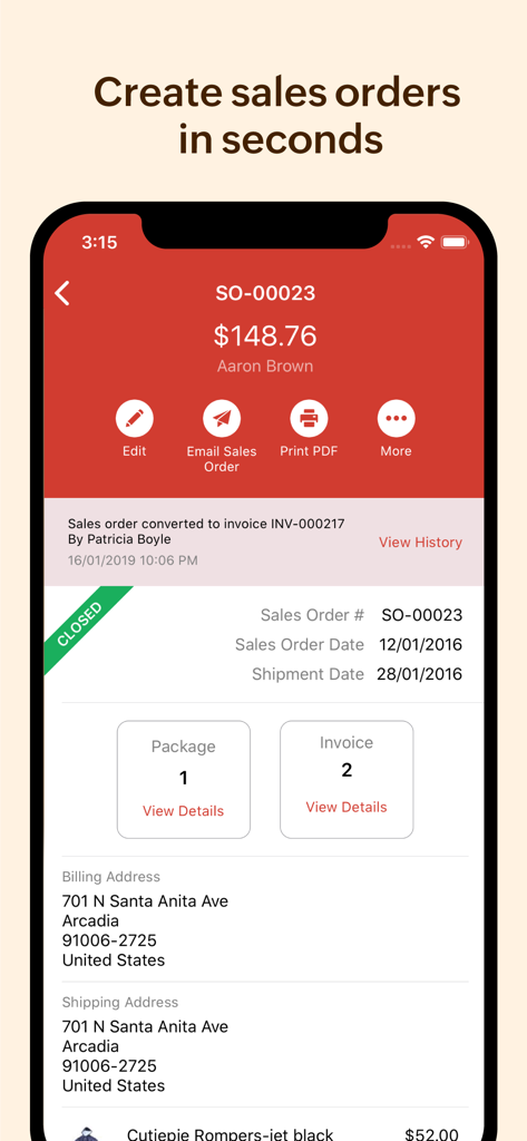 Zoho Inventory app interface showing a sales order detail screen with billing and shipping information on an iPhone.