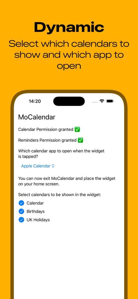 Pantalla de configuración dinámica de MoCalendar para seleccionar calendarios y aplicaciones enlazadas
