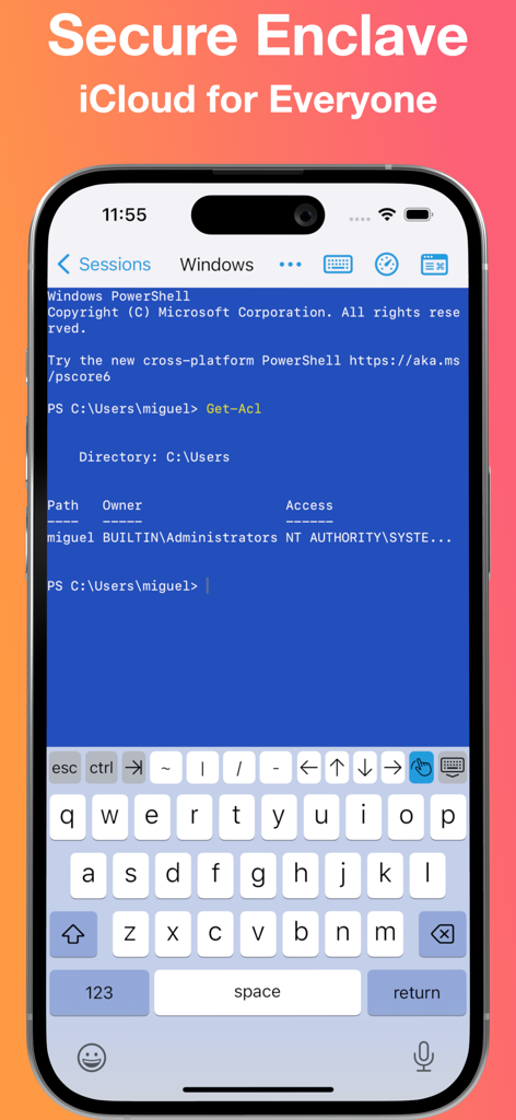 Sesión de Windows PowerShell en iPhone usando el cliente SSH La Terminal con soporte Secure Enclave