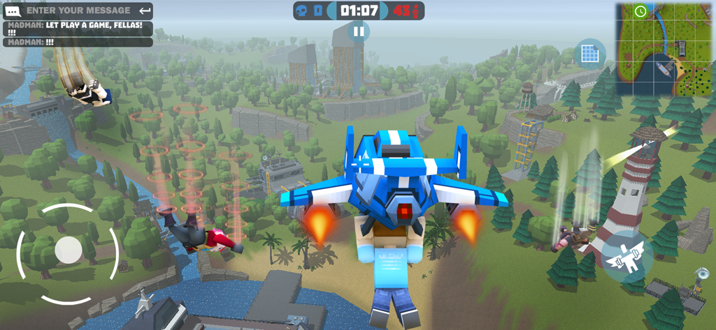 Pixel art characters jumping from a blue plane into a blocky landscape in Mad GunS battle royale