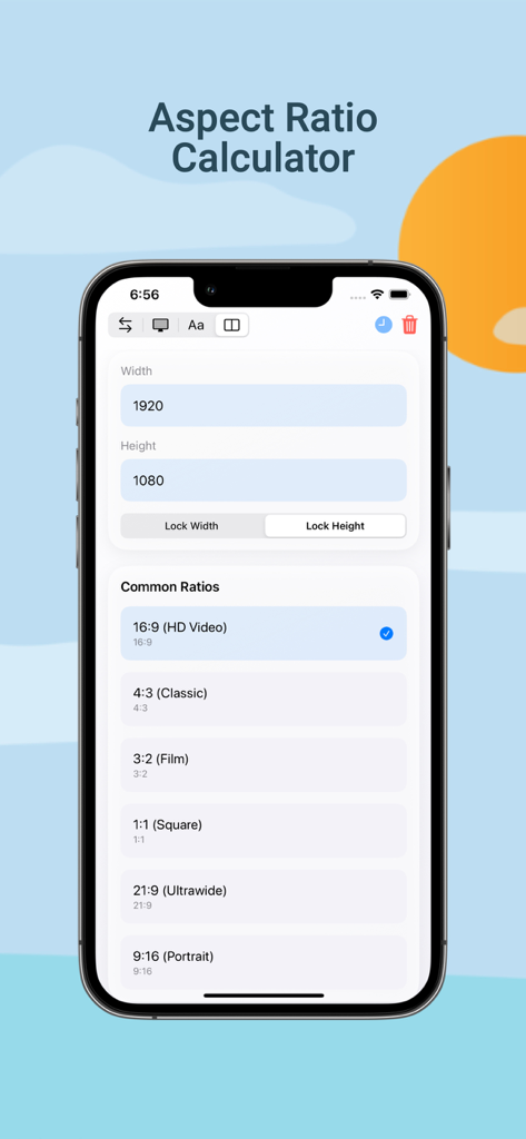 Pixel Converter Pro - Pixel Converter Pro app screenshot showing the aspect ratio calculator with width and height inputs and common presets like sixteen by nine
