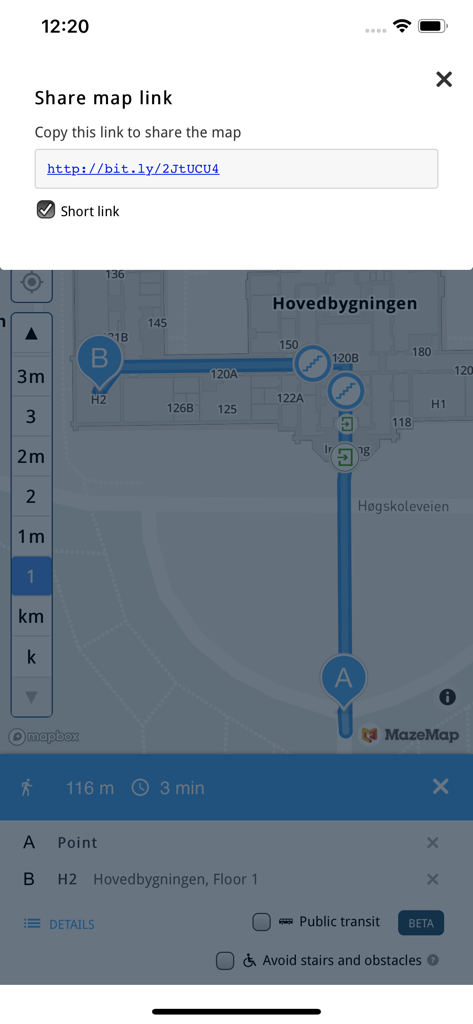 MazeMap - MazeMap app interface showing a share map link popup over an indoor navigation route between two points in a building