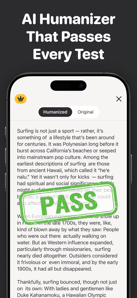 Mobile app interface showing humanized text with a green pass stamp to bypass AI detectors