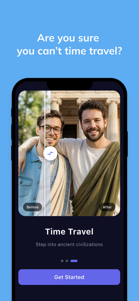 Fotoboom: AI Photo Transform - Fotoboom app interface showing a before and after AI transformation of a man into an ancient historical figure.