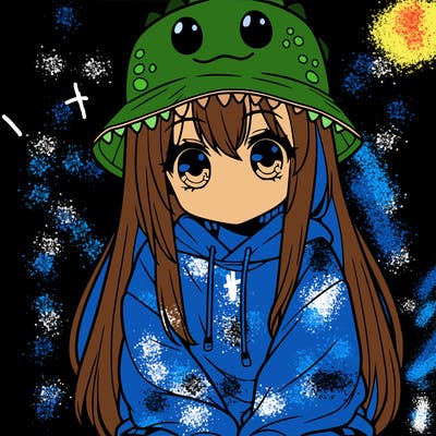 girl with anime shaped eyes with a dinosaur bucket hat oversized sweatshirt long straight hair
