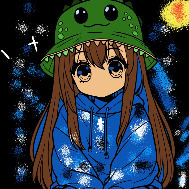 girl with anime shaped eyes with a dinosaur bucket hat oversized sweatshirt long straight hair