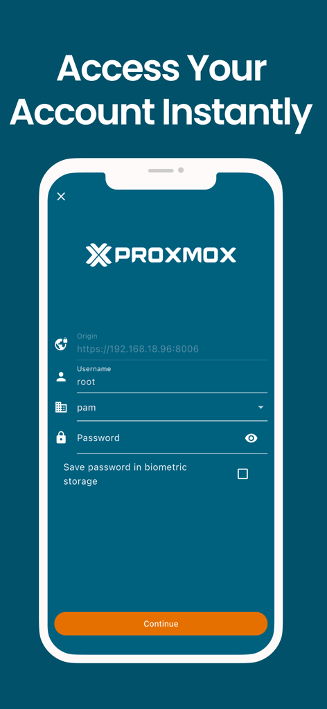Proxmox VE Companion - Proxmox VE Companion mobile login screen showing fields for server origin username and password