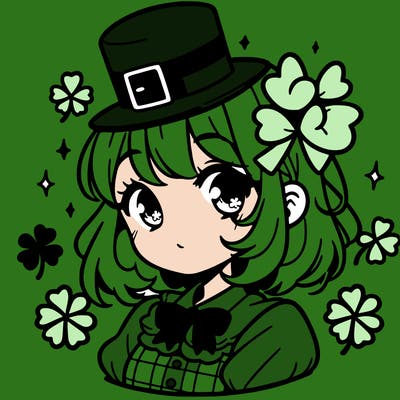 a manga-style girl with clovers around her, a little hat in her hair, like it's saint patrick's day