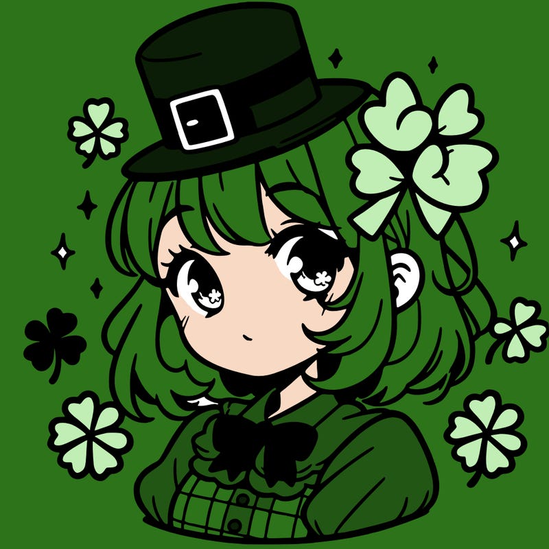a manga-style girl with clovers around her, a little hat in her hair, like it's saint patrick's day