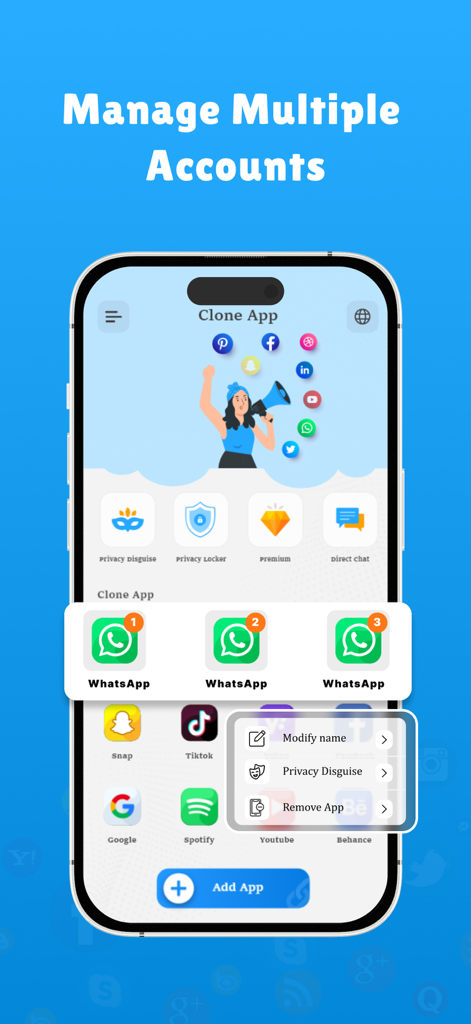 Parallel Space Dual Account - A smartphone screen displaying the Parallel Space app for managing multiple WhatsApp and social media accounts.