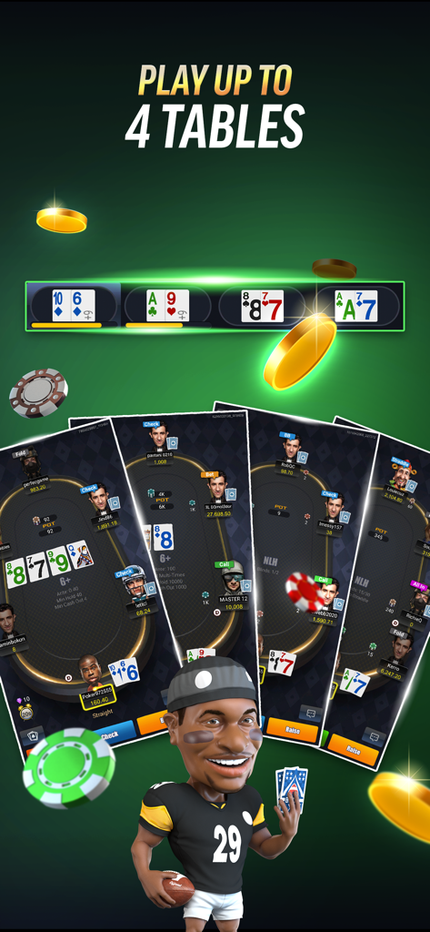 Captura de pantalla móvil de PokerBROS mostrando la función de juego multimesa con un avatar temático de fútbol