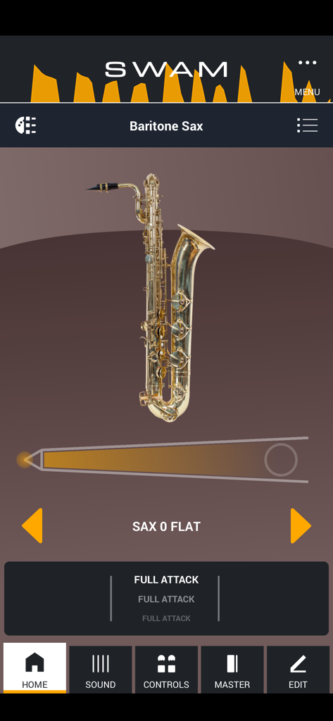 SWAM Baritone Sax - Interfaz de la aplicación móvil SWAM Baritone Sax mostrando un saxofón realista y ajustes de interpretación