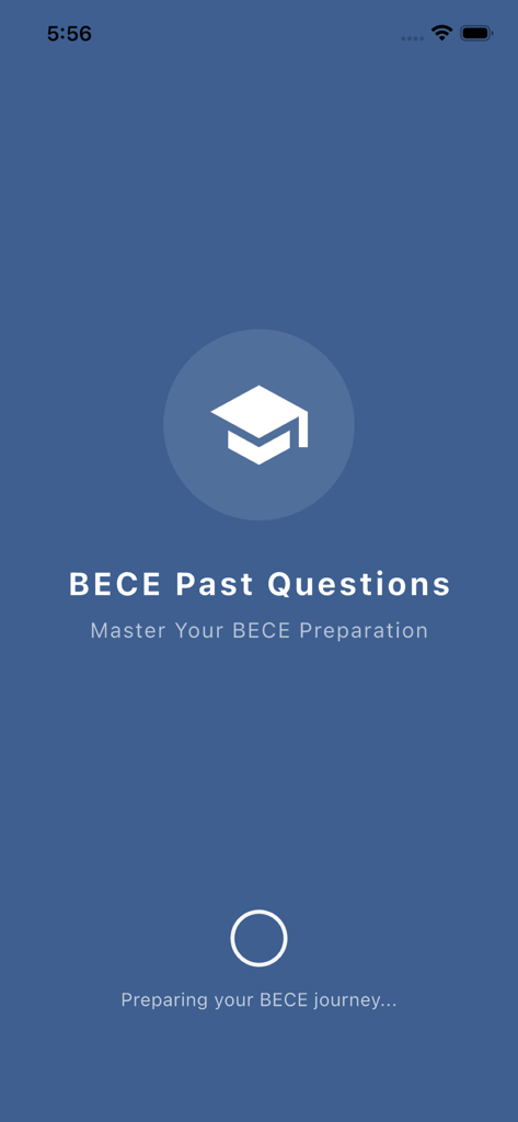 BECE Past Questions & Mocks - Tela inicial do aplicativo Questões Anteriores do BECE com um ícone de capelo de formatura e texto de carregamento