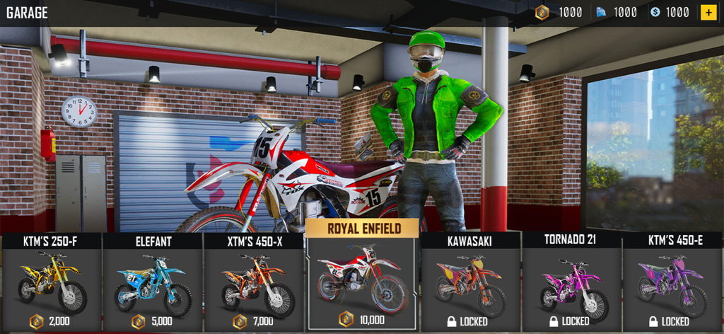 Bike Stunt Race Master 2 - 잠금 해제 가능한 다양한 더트바이크와 맞춤 설정된 라이더를 보여주는 차고 인터페이스