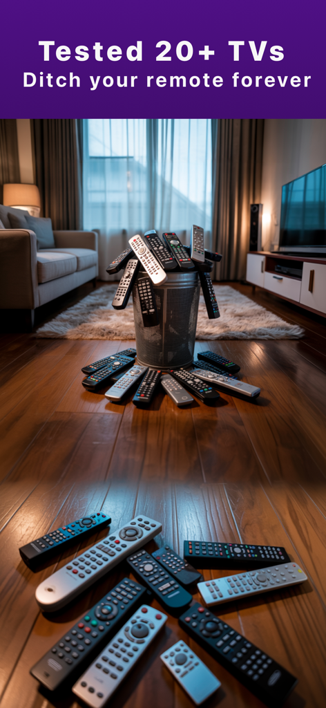 A collection of physical TV remotes inside a trash bin highlighting the app's universal control capability.