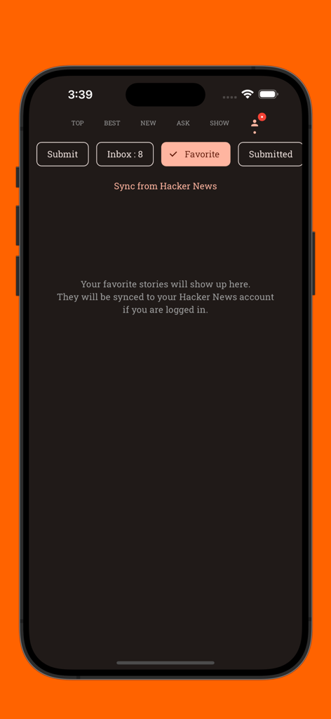 The favorites tab in the Hacki app showing the sync status and menu options for Hacker News stories.