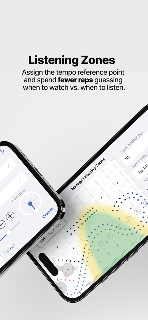 UDBapp Pro - Interface of UDBapp Pro showing the Listening Zones feature for assigning tempo reference points on a marching field