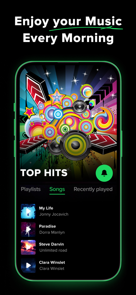 Interface of Alarm Clock App for Spotify showing song selection for morning alarms