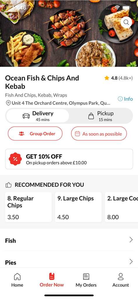 Ocean Fish & Chips And Kebab - Startbildschirm der mobilen App Ocean Fish and Chips und Kebab mit Speisekarte und Lieferoptionen