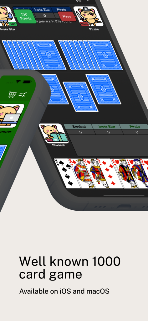 Gameplay interface of Game1000 card game on mobile devices