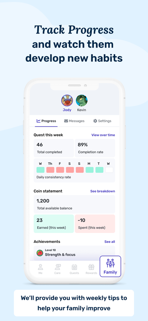 Joon: Kids ADHD Chore Tracker - A parent dashboard on the Joon app tracking a child's quest completion rates and virtual coin earnings.