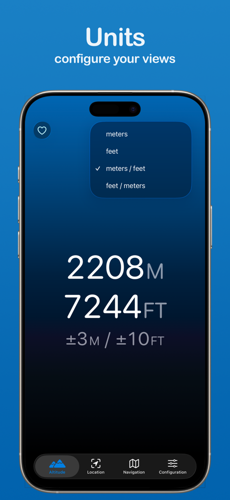 Screenshot of the Altimeter app interface showing altitude readings in meters and feet with a unit configuration menu open.