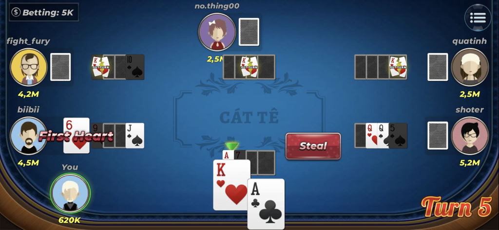A gameplay screenshot of Catte Offline showing multiple players at a virtual card table with betting and tactical options.
