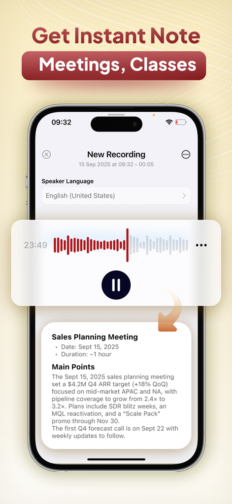 Smartphone screen showing AI Note Taker app converting a voice recording into a detailed meeting summary.
