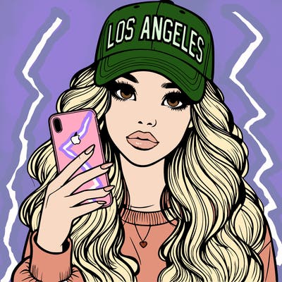 realistic beautiful girl wearing los ángeles cap holding an iphone