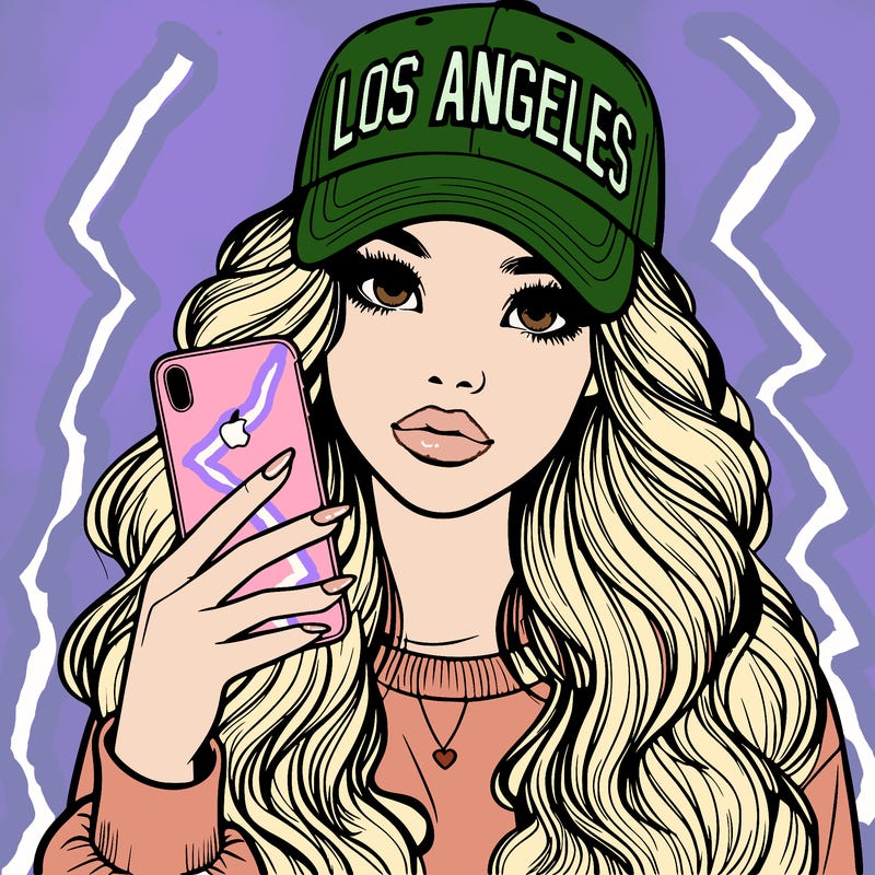realistic beautiful girl wearing los ángeles cap holding an iphone
