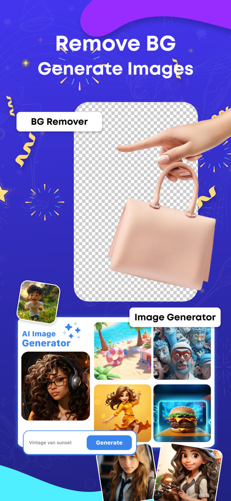 製品の背景削除とクリエイティブなサンプルを備えたAI画像ジェネレーターを示すアプリ画面