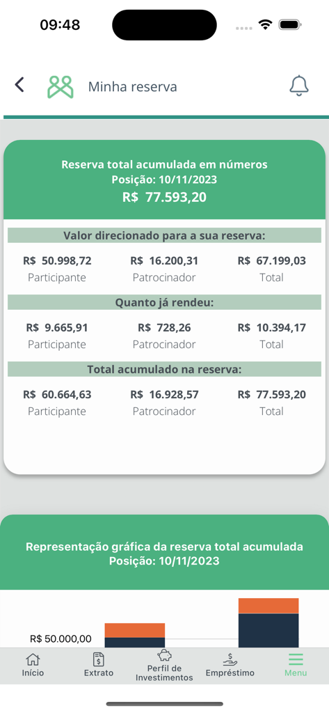 퇴직 준비금 잔액과 기여금 세부 내역을 보여주는 Funpresp 모바일 앱 스크린샷.