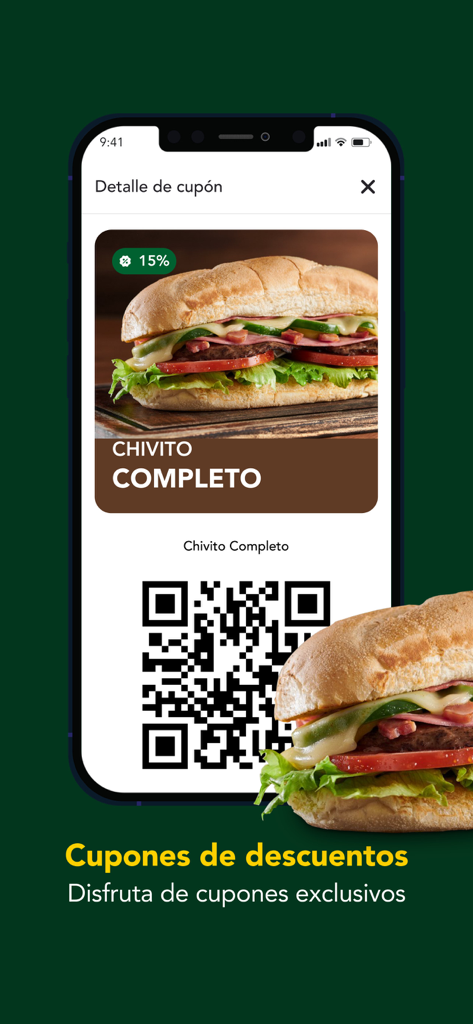 El Hornero Ecuador - A 15 percent discount coupon for a Chivito Completo sandwich with a QR code in the El Hornero Ecuador app.