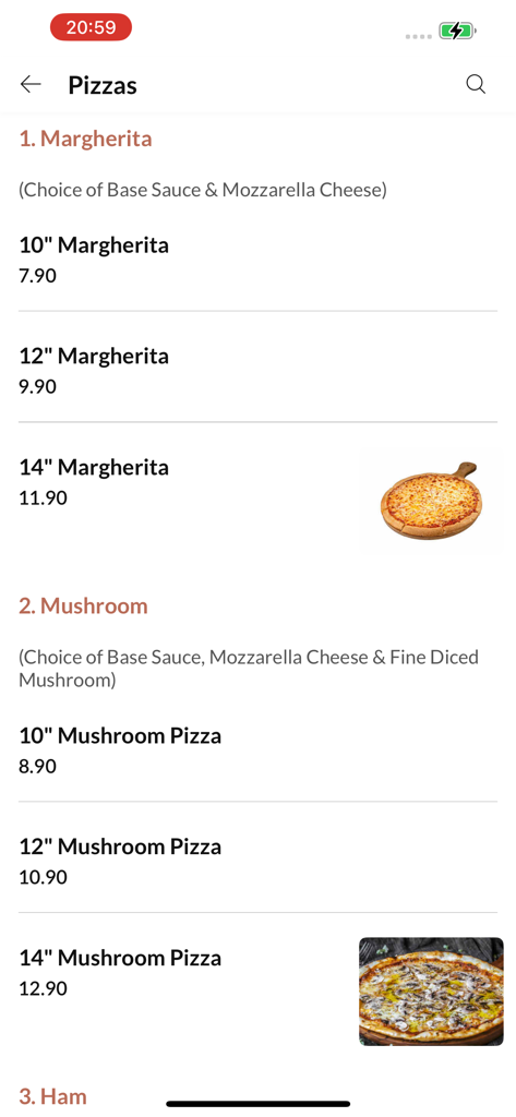 Clocktower Pizza KinlossForres - Clocktower Pizza app interface showing Margherita and Mushroom pizza menu options with sizes and pricing