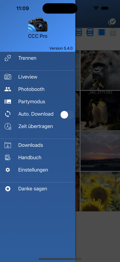 The navigation sidebar of the Camera Connect and Control app displaying professional photography tools and settings