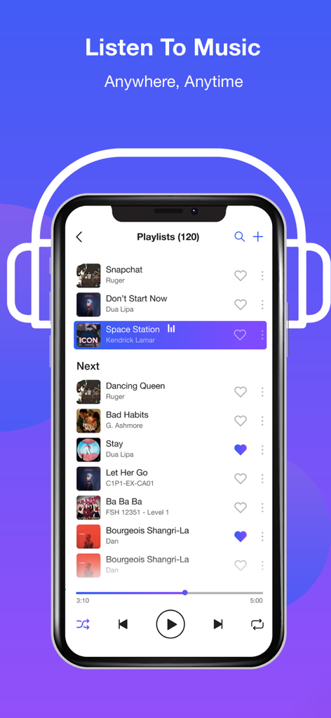 Cloud Music Player Mp3 Offline - Una pantalla de teléfono móvil mostrando la interfaz de la aplicación Cloud Music Player con una lista de reproducción y controles de reproducción