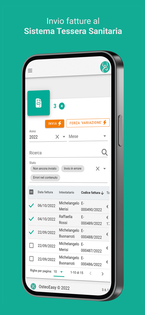 Interfaccia dell'app OsteoEasy che mostra un elenco di fatture pazienti per l'invio al sistema sanitario italiano