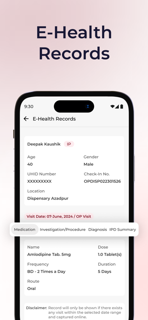 ESIC Health Connect - Interfaz de la aplicación ESIC Health Connect que muestra registros de salud del paciente y medicamentos recetados