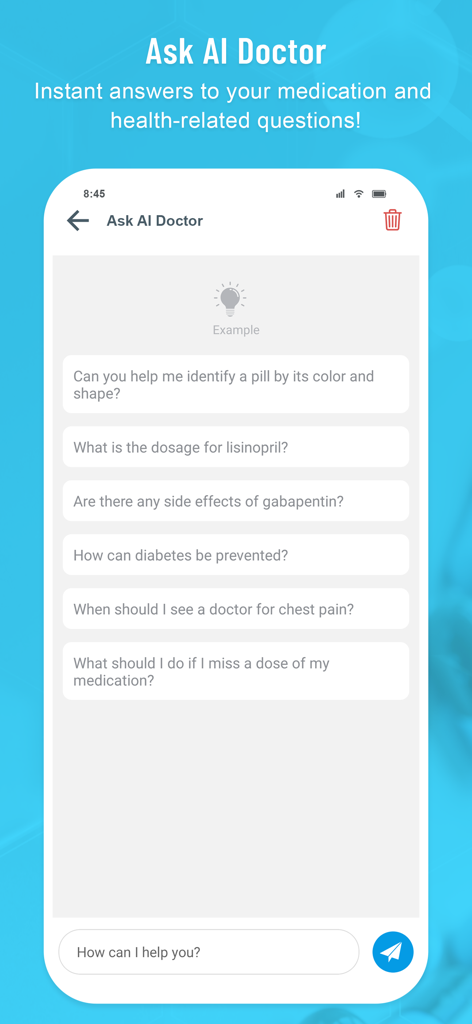 Medi Scanner - Pill Identifier - Medi Scanner app Ask AI Doctor screen showing a chat interface with example questions about drug dosage and side effects