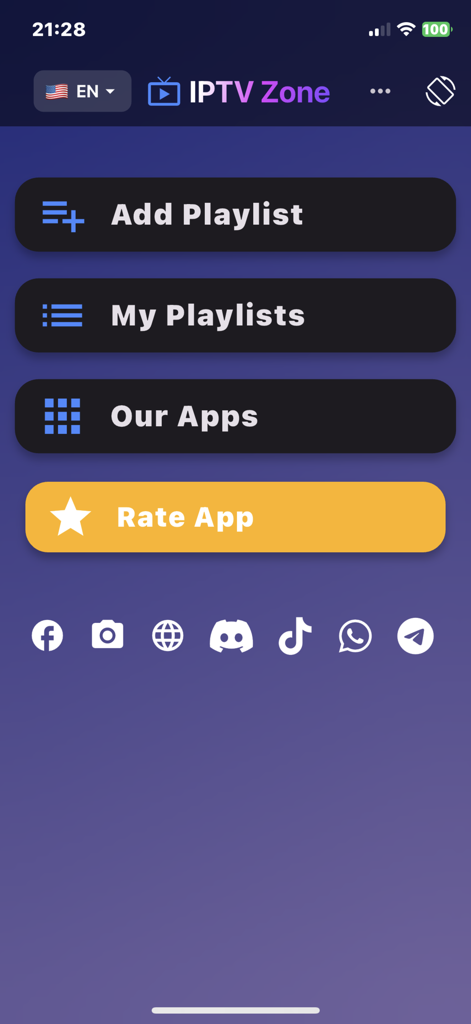 Menú principal de la aplicación IPTV Zone Plus que muestra botones para añadir y gestionar listas de reproducción M3U.