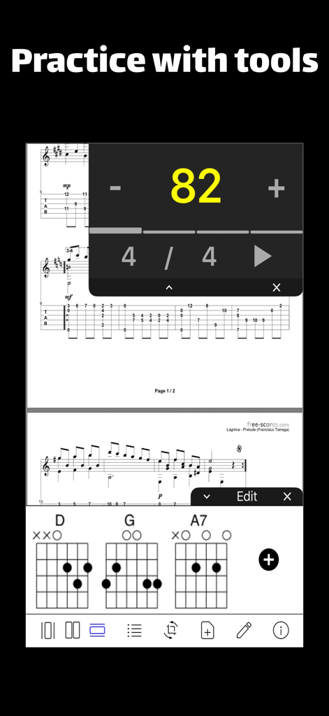 Oberfläche der Alle Noten App, die Gitarrennoten mit einer Metronom-Überlagerung und Gitarren-Akkorddiagrammen zum Üben anzeigt.