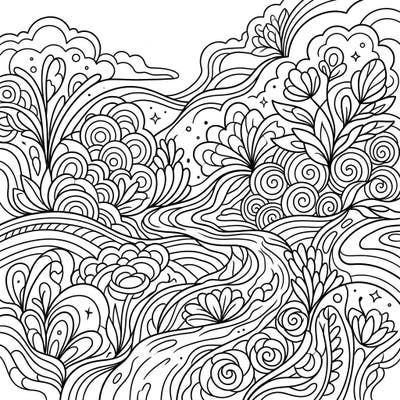 Embrace the beauty of renewal with this mesmerizing abstract spring landscape coloring page. Its intricate design of flowing lines and stylized flora offers a wonderfully relaxing and creative escape.