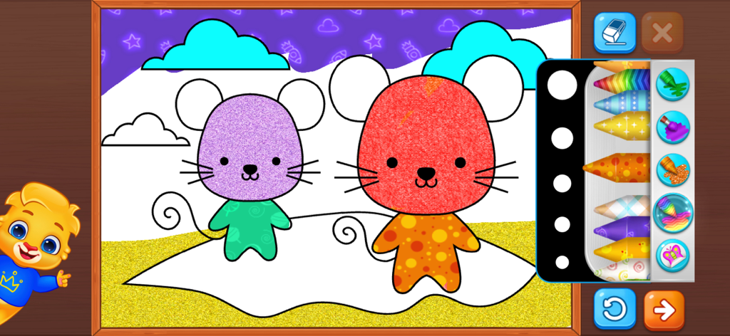 Interface do aplicativo de desenho infantil mostrando dois ratinhos de desenho animado sendo coloridos com lápis de cor digitais estampados e com glitter