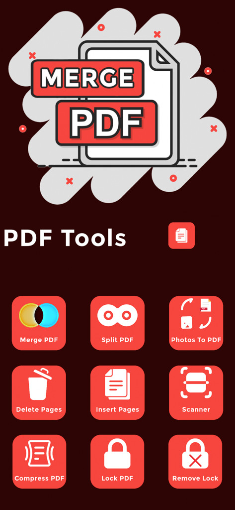PDF結合・分割アプリのメインインターフェイス。ドキュメントの結合、分割、スキャン、圧縮のためのツールが表示されています。