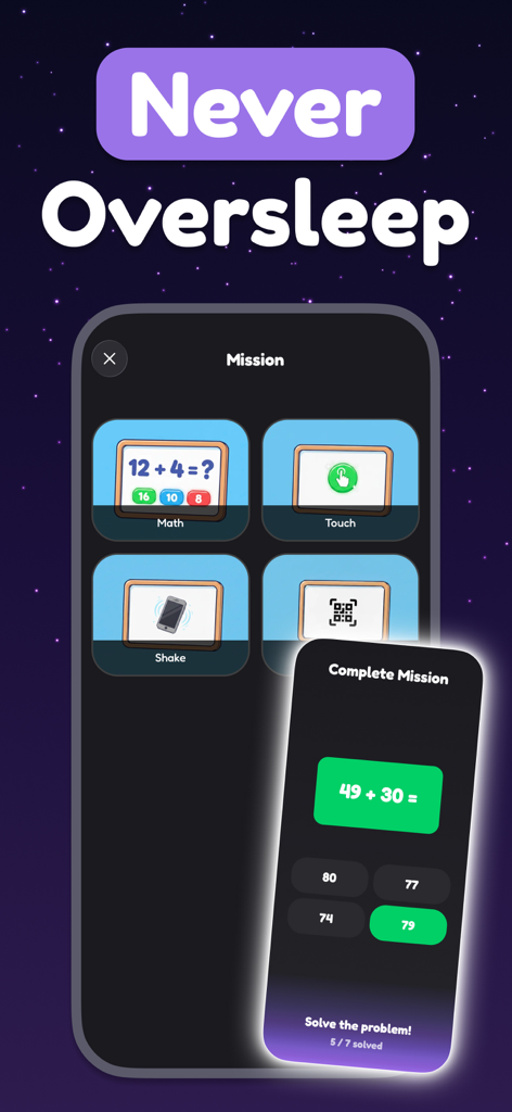 Schermata dell'app FixSleep che mostra missioni interattive al risveglio come problemi di matematica e scuotere il telefono per evitare di dormire troppo.