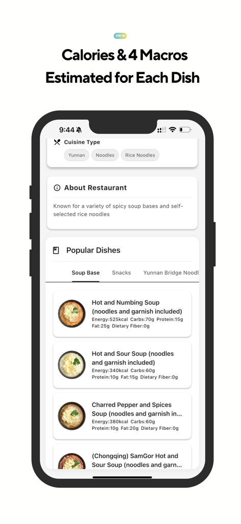 DineWell AI - DineWell AI app interface displaying nutritional information including calories and macros for restaurant menu items