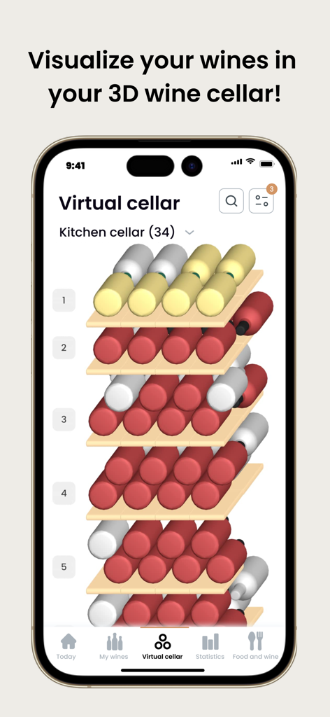 Oeni: #1 Wine Cellar Manager - Oeniアプリのインターフェース。ボトルがラックに整理された3D仮想ワインセラーを表示しています。