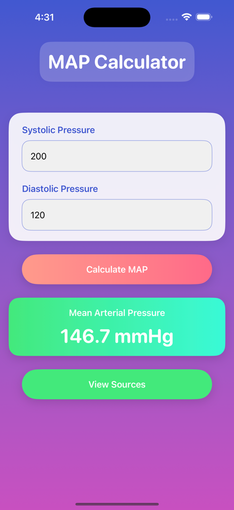 Mobile App-Oberfläche zur Berechnung des mittleren arteriellen Drucks mit Eingabefeldern für den Blutdruck und angezeigten Ergebnissen