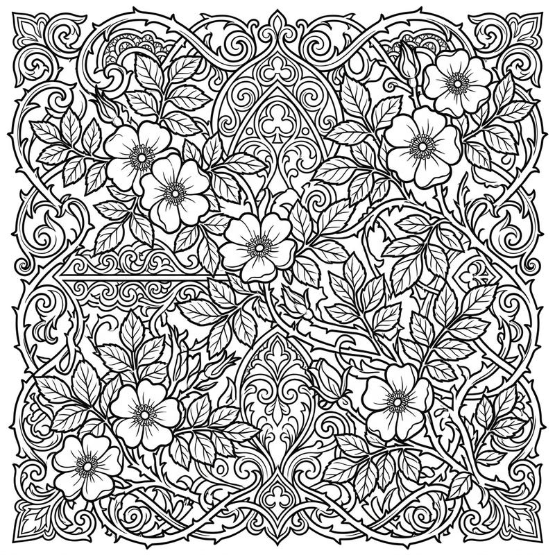 Discover the captivating beauty of nature fused with dark romance in this stunning Gothic wild roses coloring page. Its intricate details and elegant floral patterns promise a uniquely satisfying artistic escape.